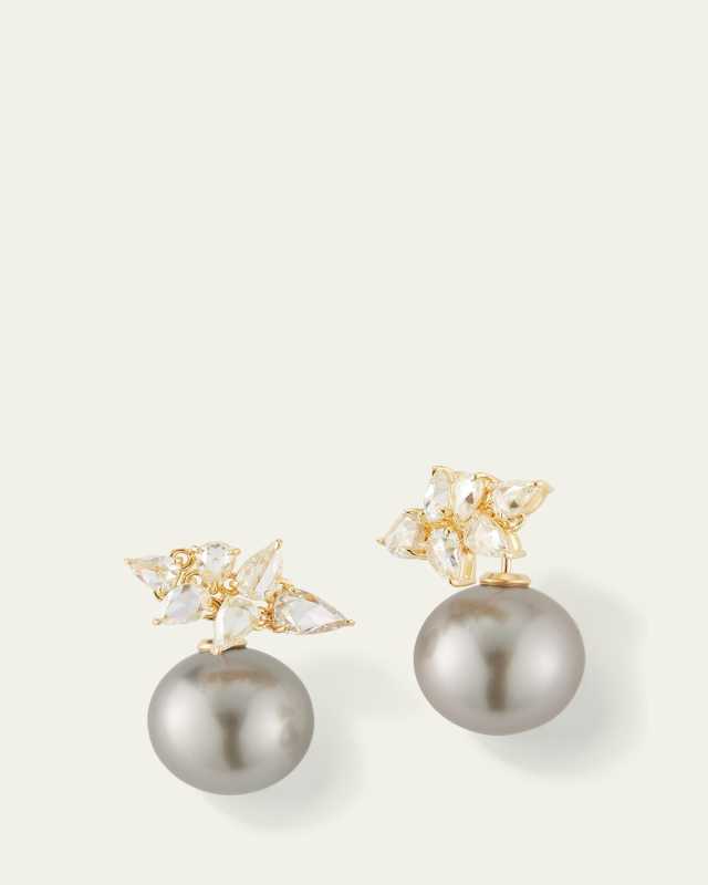 18K Yellow Gold Horizon Earrings with 13mm South Sea Pearls and Rose Cut Diamonds
